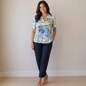 K Petite- Purple and Yellow Short Sleeve Peplum Blouse‎ Size 12P